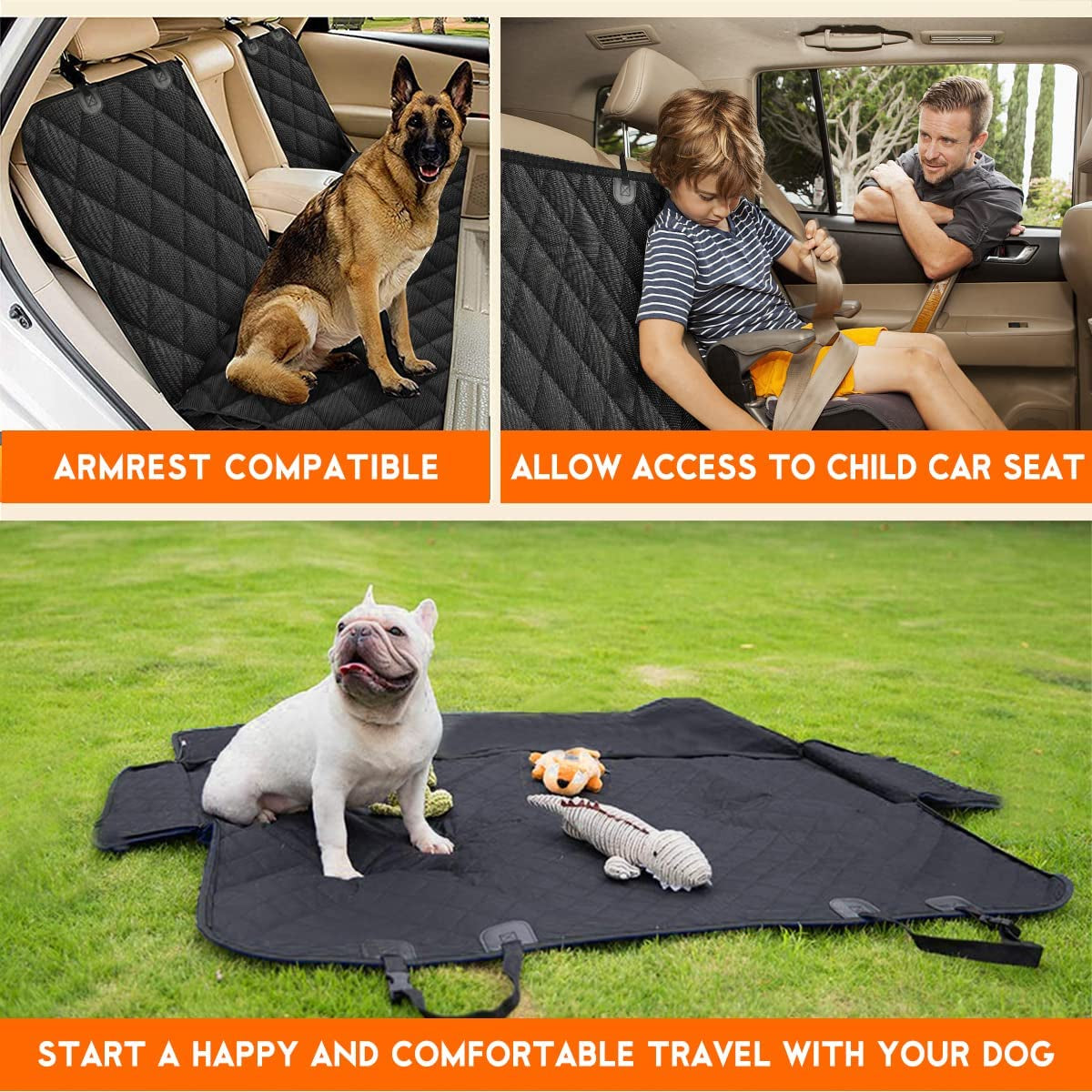 Dog Car Seat Cover, Back Seat Cover for Dogs Pet, Waterproof Rear Seat Cover Durable  Seat Cover, Fits Middle Armrest for Most Cars Suvs Trucks (53” Width)- Black