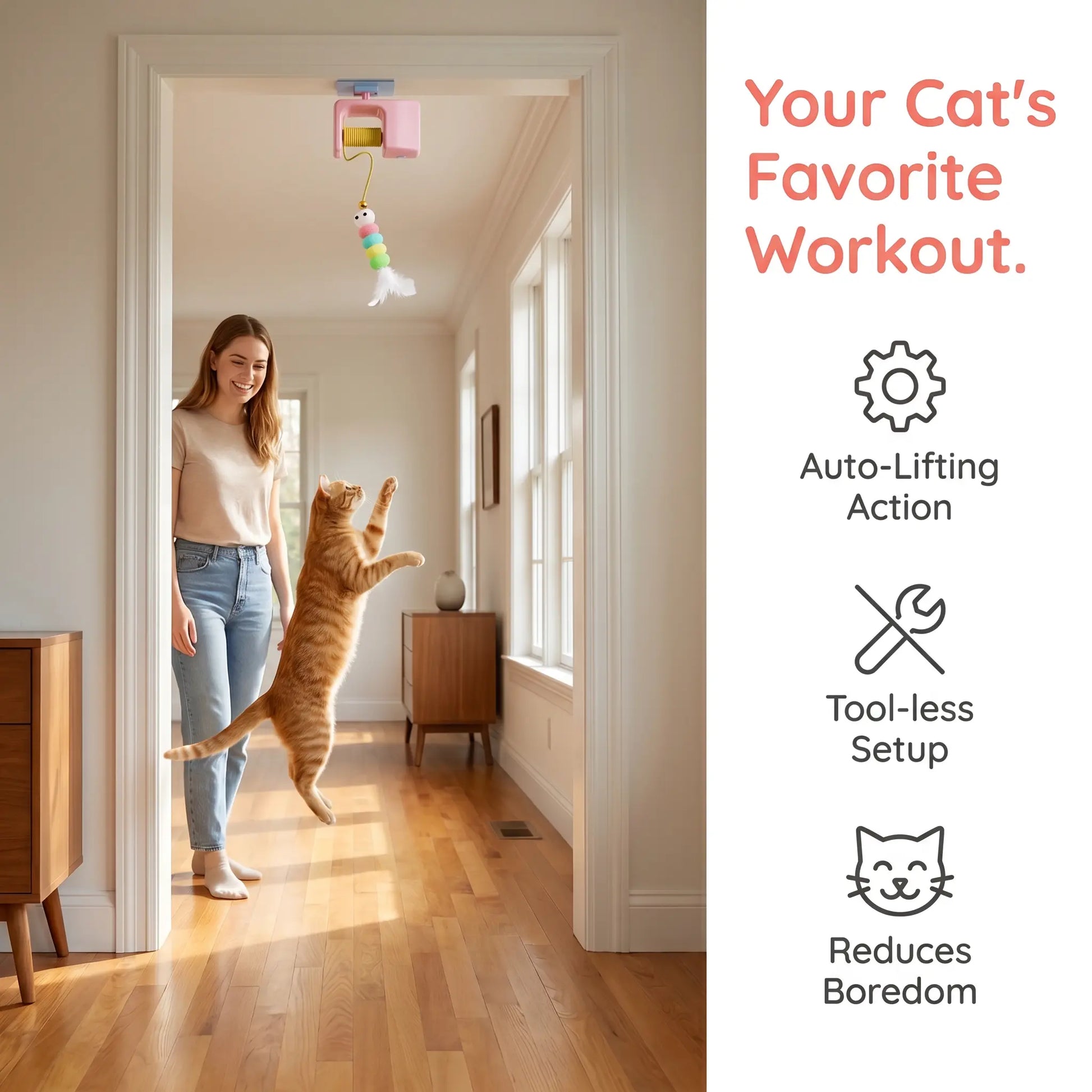 Interactive Retractable Bungee Cat Kitty Toy , Automatic Hanging Door Cat Toy, USB Rechargeable